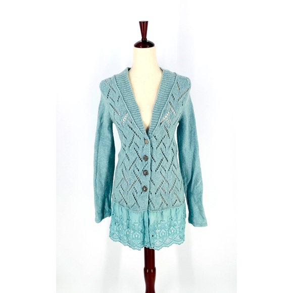 Free People Sweaters - FREE PEOPLE - Sky Blue Eyelet Ruffle Skirt Cardigan - Medium